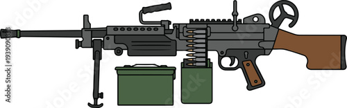 Vector illustration of a vintage heavy machine gun with wooden stock, mounted bipod, and ammunition boxes in a flat cartoon style.
