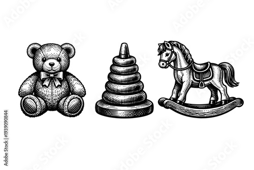 Vintage Engraving Style Children's Toys Set, Detailed Woodcut Retro Nursery Illustration