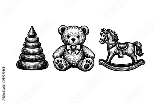 Vintage Engraving Style Children's Toys Set, Detailed Woodcut Retro Nursery Illustration