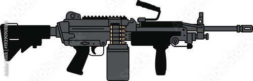 Vector illustration of a belt-fed light machine gun with tactical stock, grip, and mounted bipod in a clean flat cartoon style.