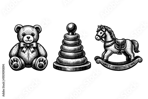 Vintage Engraving Style Children's Toys Set, Detailed Woodcut Retro Nursery Illustration