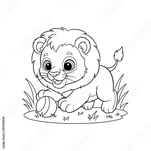 A cute lion cub playing with a ball in the savannah