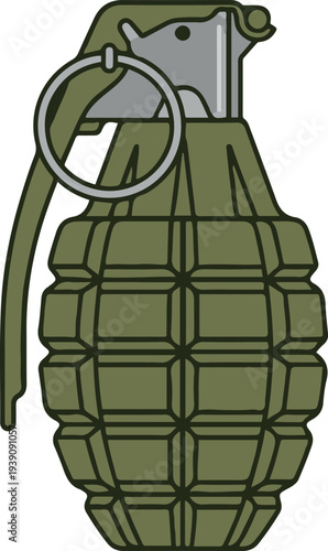 Flat vector illustration of a military hand grenade with safety pin and lever. Simple cartoon style with clean outlines, isolated on white background, suitable for icons, game assets, and military-the