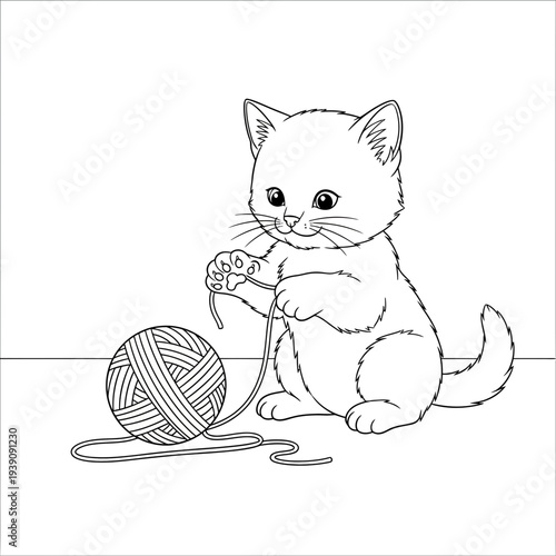 Cute kitten playing with a ball of yarn