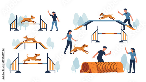 Multiple scenes of trainers and their dogs participating in an agility course with various hurdles and tunnels.