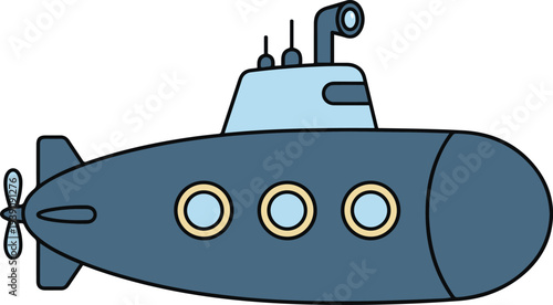 Blue cartoon-style submarine with portholes, periscope, and propeller, flat vector EPS illustration isolated on a light background,
