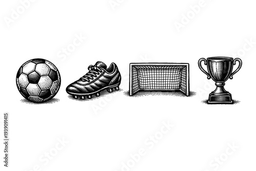 Vintage Engraving Style Soccer Icons Set, Detailed Woodcut Football Equipment and Trophy Vector Illustration