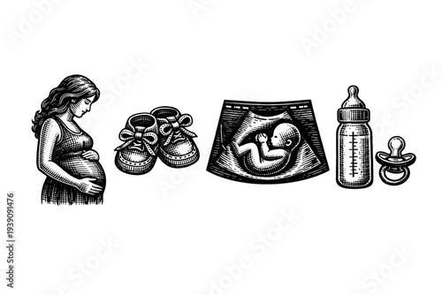 Vintage Engraving Style Pregnancy and Baby Care Icons, Detailed Woodcut Maternity and Newborn Illustration Set