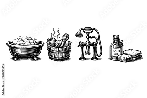 Vintage engraving bathroom accessories set hand drawn bathtub shower soap towels illustration woodcut style