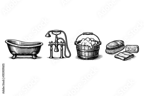 Vintage engraving bathroom accessories set hand drawn bathtub shower soap towels illustration woodcut style