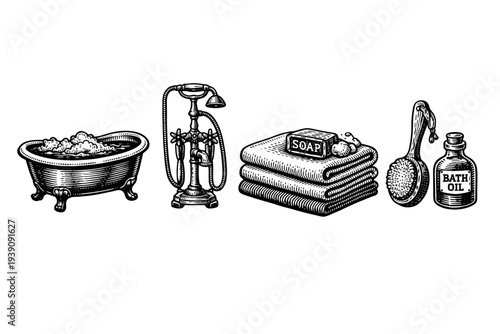 Vintage engraving bathroom accessories set hand drawn bathtub shower soap towels illustration woodcut style