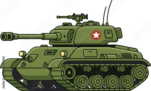 Cartoon-style vector illustration of a green military battle tank with turret cannon and tracks.