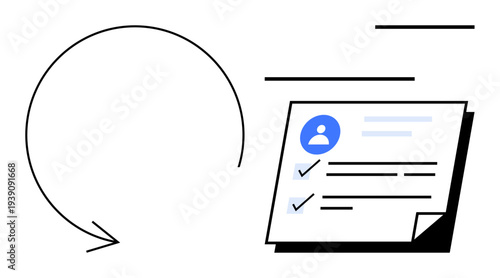 Circular arrow representing feedback or updates next to a user profile and checklist. Ideal for user data management, account updates, task tracking, feedback cycles, workflows, revisions