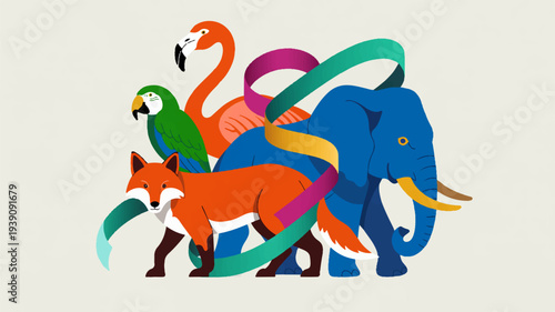 Vibrant modern illustration of a blue elephant orange fox flamingo and parrot with colorful swirling lines symbolizing harmony and connection in nature