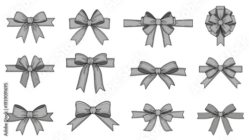 Collection of twelve different gray ribbon bows illustrated in a detailed shaded sketch style for gift decoration.