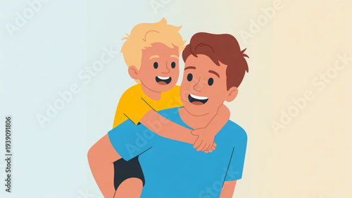 Happy father carrying smiling young son on shoulders playful family moment with brown and blonde hair