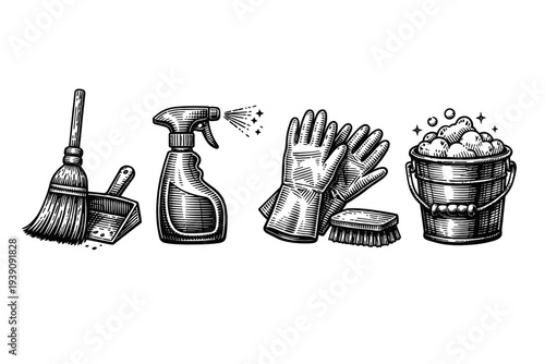 Vintage engraving cleaning tools set mop spray bottle bucket illustration woodcut style