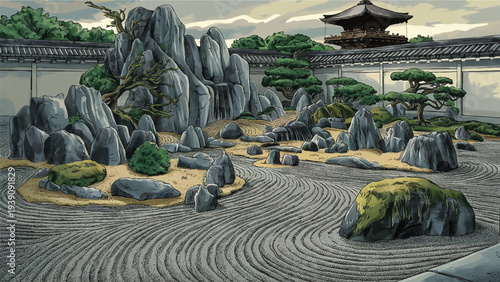 Japanese Zen Temple Rock Garden with Raked Gravel and Stone Landscape, Traditional Meditation Courtyard Illustration
