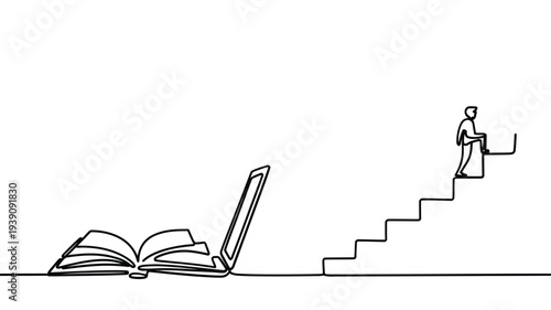 Continuous line drawing of an open book and a person climbing stairs