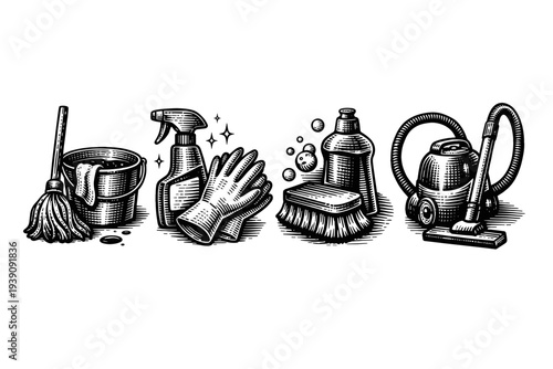 Vintage engraving cleaning tools set mop spray bottle bucket illustration woodcut style