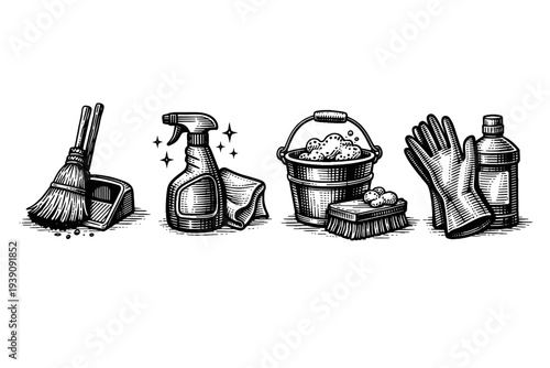 Vintage engraving cleaning tools set mop spray bottle bucket illustration woodcut style