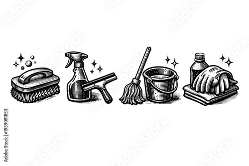 Vintage engraving cleaning tools set mop spray bottle bucket illustration woodcut style