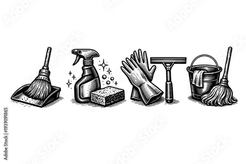 Vintage engraving cleaning tools set mop spray bottle bucket illustration woodcut style