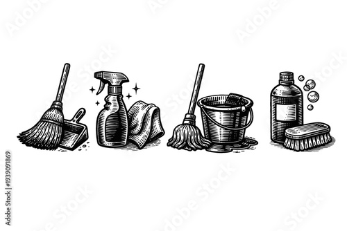 Vintage engraving cleaning tools set mop spray bottle bucket illustration woodcut style