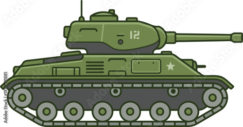Detailed green military battle tank in side view with turret and cannon, flat vector EPS illustration of an armored combat vehicle isolated on a light background,