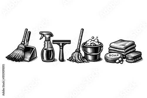 Vintage engraving cleaning tools set mop spray bottle bucket illustration woodcut style
