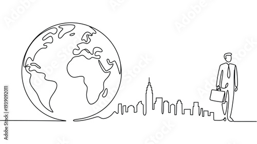 A continuous line drawing depicts a world globe cityscape and businessman