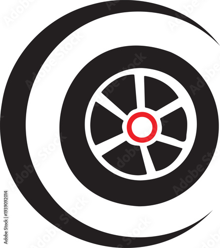 Modern wheel icon with red center in black and white circular design