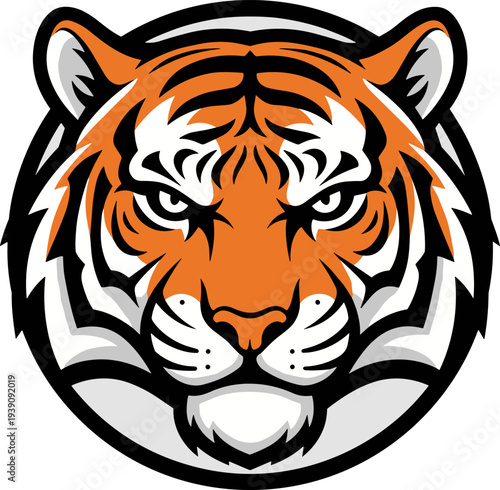 Stylized tiger head illustration inside circular frame, bold orange and black stripes, fierce mascot logo design, strength courage determination emblem concept