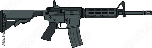 Modern black assault rifle in side view, flat vector EPS illustration of a tactical firearm, isolated on a light background, suitable for military, law enforcement,