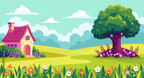 Charming Countryside Landscape Vector Illustration with a Cozy House and a Large Tree in a Vibrant Spring Meadow
