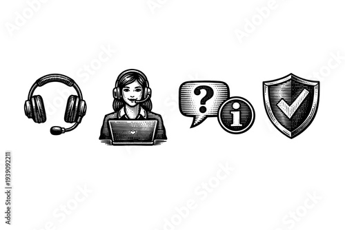 Vintage engraving support communication icons set collection woodcut style illustration