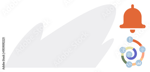 Notifications, reminders, data analysis, time management, productivity, workflow monitoring. Graphic of a notification bell and colorful circular data metrics. Notifications and data analysis concept