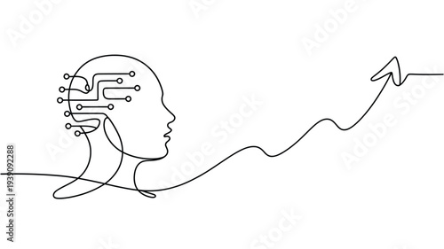 A stylized illustration of a human head merging with technology and growth