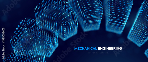 Mechanical Engineering Technology Background With Abstract Digital Gear Shapes And Particle Mesh Representing Industrial Design, Manufacturing And Modern Engineering Innovation. Vector Illustration.