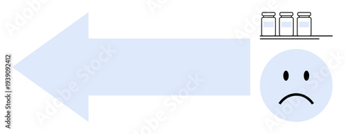 Vaccine hesitancy concept. Sad face reluctance towards vaccination, vaccine bottles, and a large arrow for direction. Vaccine hesitancy related to public health communication, pandemic response