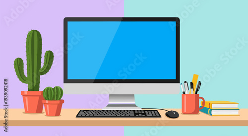 Desk computer setup with potted plants, vector illustration for workspace design elements and home office organization