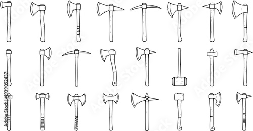Variety of Axes and Tools Line Art Illustration: Collection of Hatchets, Pickaxes, Hammers, and More