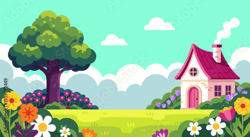 Charming spring landscape vector illustration featuring a quaint cottage nestled amongst blooming flowers, lush trees, and fluffy clouds on a bright sunny day