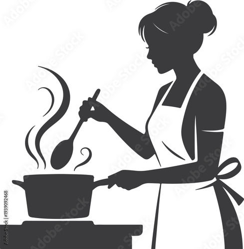 Woman cooking in kitchen stirring pot chef silhouette home cooking icon