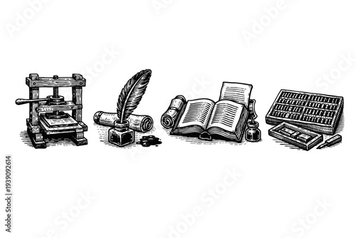 Vintage Printing and Literature Tools Set in Hand Drawn Style
