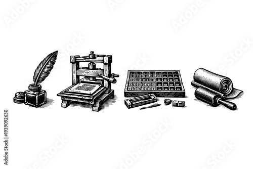 Vintage Printing and Literature Tools Set in Hand Drawn Style