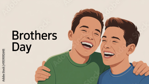 Two brothers smiling and embracing on brothers day with a warm beige background