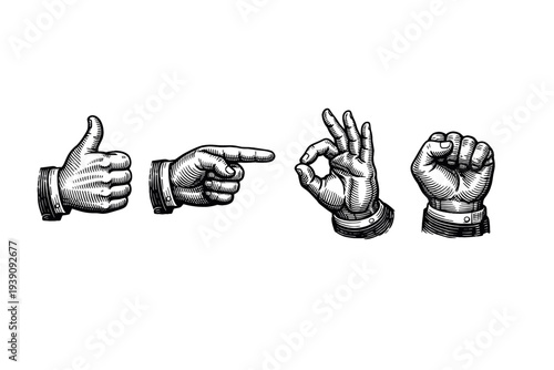 Hand Gestures and Signals Vector Illustration in Engraving Style