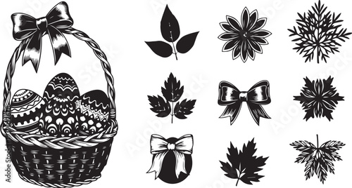 Easter eggs in a basket with leaves and bows illustrations
