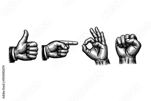 Hand Gestures and Signals Vector Illustration in Engraving Style